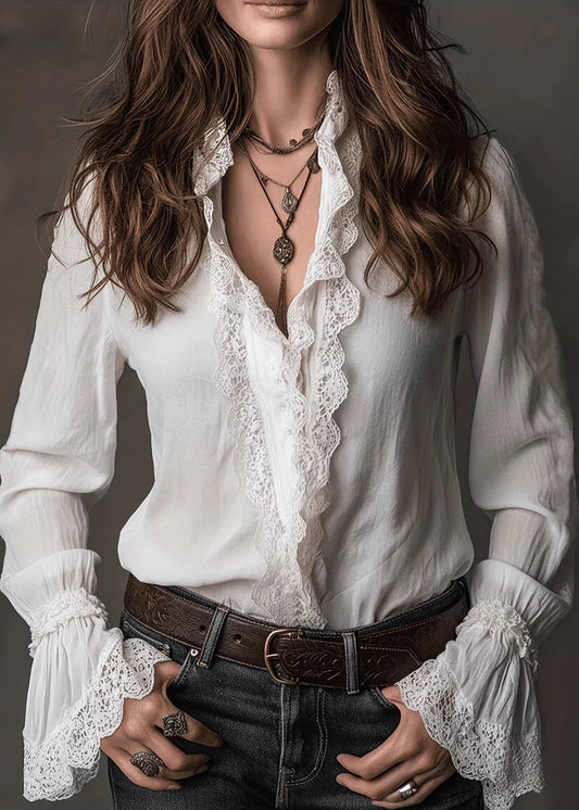 Women White V Neck Lace Patchwork Cotton Shirts Spring