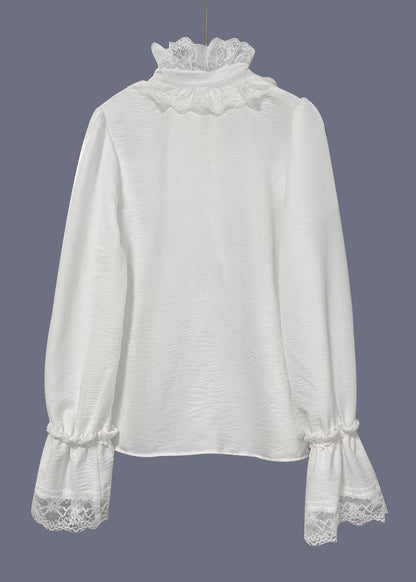 Women White V Neck Lace Patchwork Cotton Shirts Spring