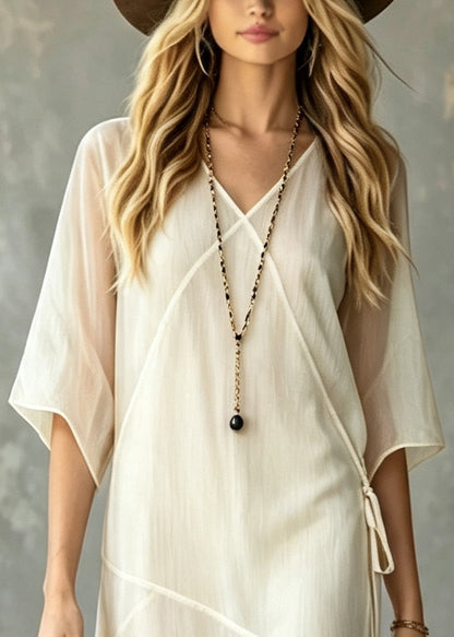 Women White V Neck Lace Up Silk Long Dress Summer