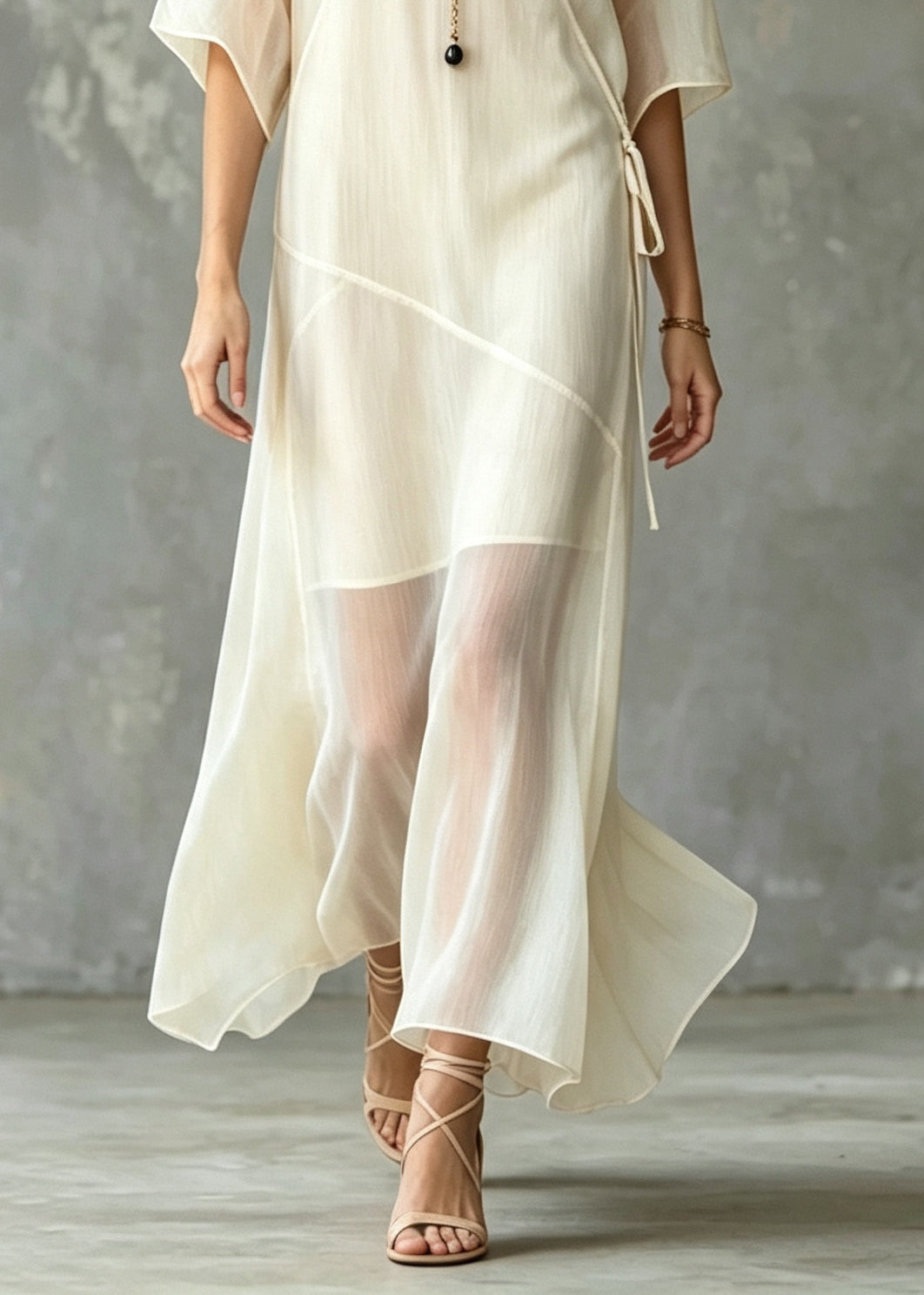 Women White V Neck Lace Up Silk Long Dress Summer