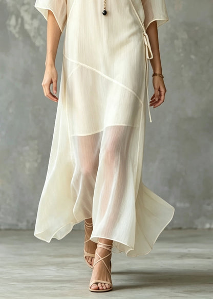 Women White V Neck Lace Up Silk Long Dress Summer