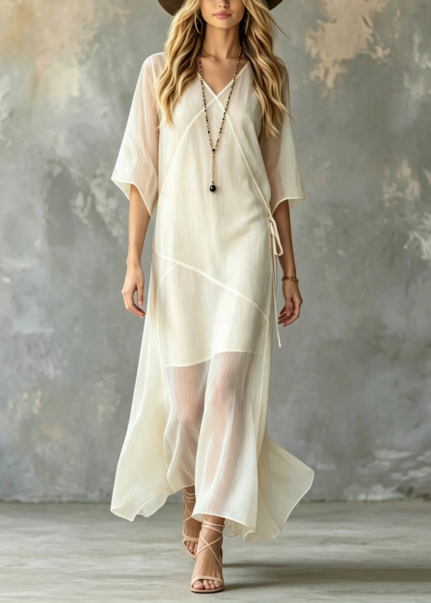 Women White V Neck Lace Up Silk Long Dress Summer