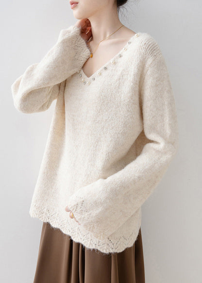 Women White V Neck Nail Bead Knit Pullover Spring