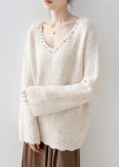 Women White V Neck Nail Bead Knit Pullover Spring