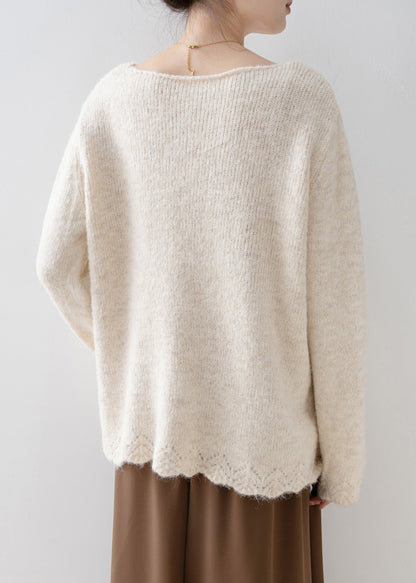 Women White V Neck Nail Bead Knit Pullover Spring