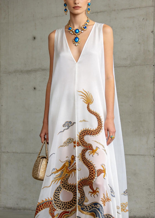 Women White V Neck Oriental Print Chiffon Dress Sleeveless