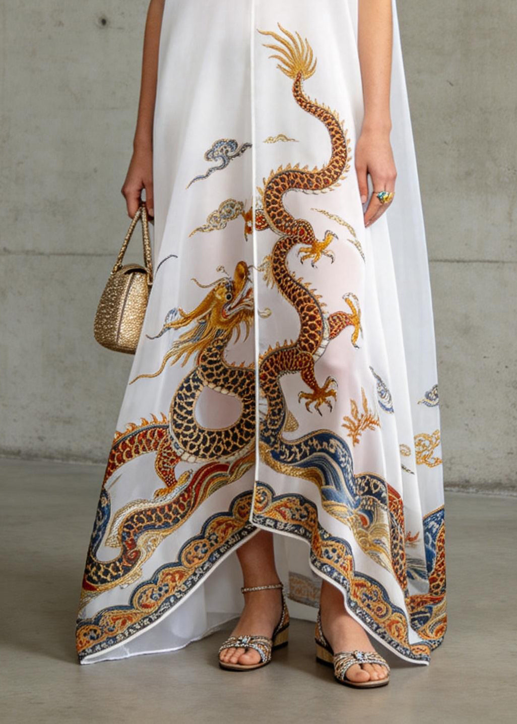 Women White V Neck Oriental Print Chiffon Dress Sleeveless