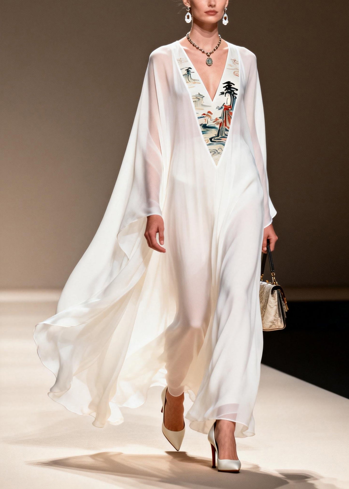 Women White V Neck Patchwork Chiffon Long Dresses Spring
