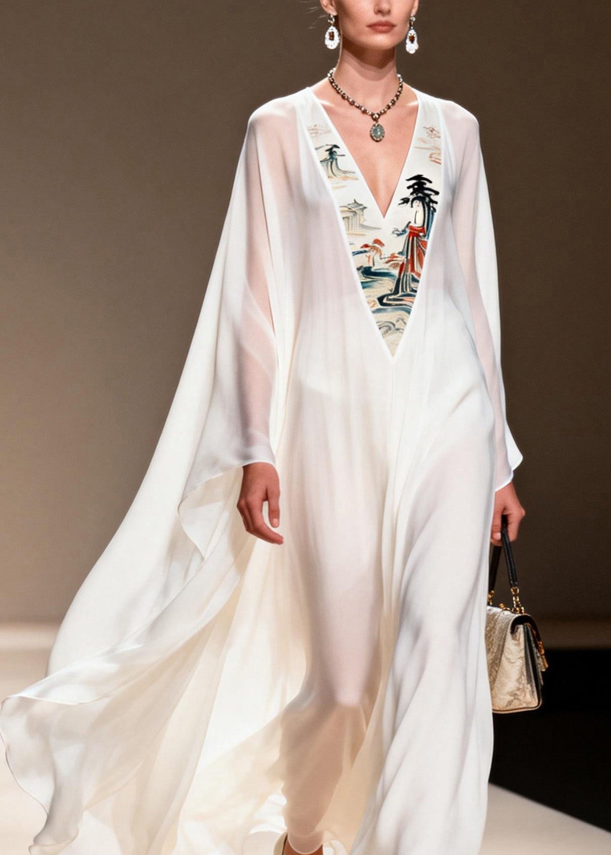 Women White V Neck Patchwork Chiffon Long Dresses Spring