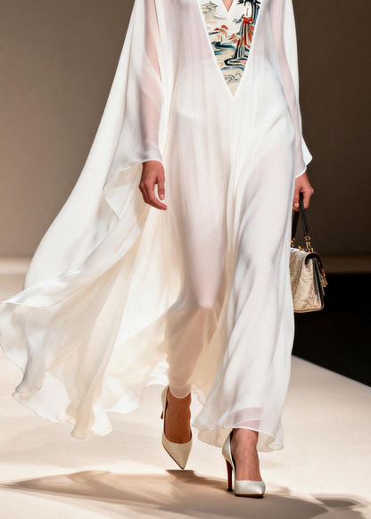 Women White V Neck Patchwork Chiffon Long Dresses Spring