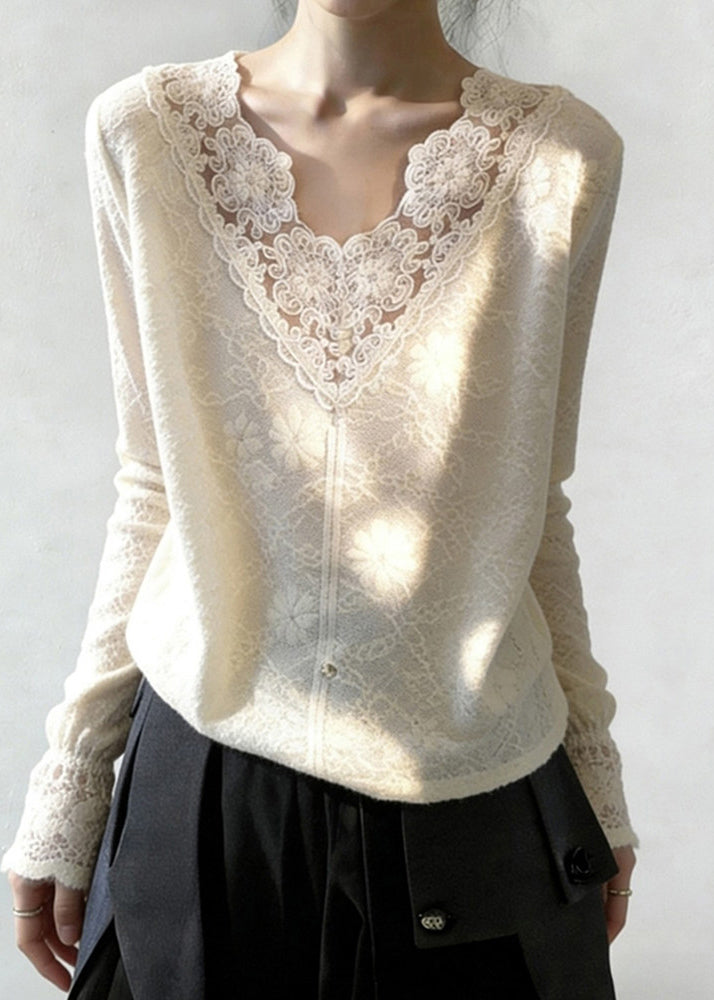 Women White V Neck Patchwork Jacquard Lace Shirt Tops Spring
