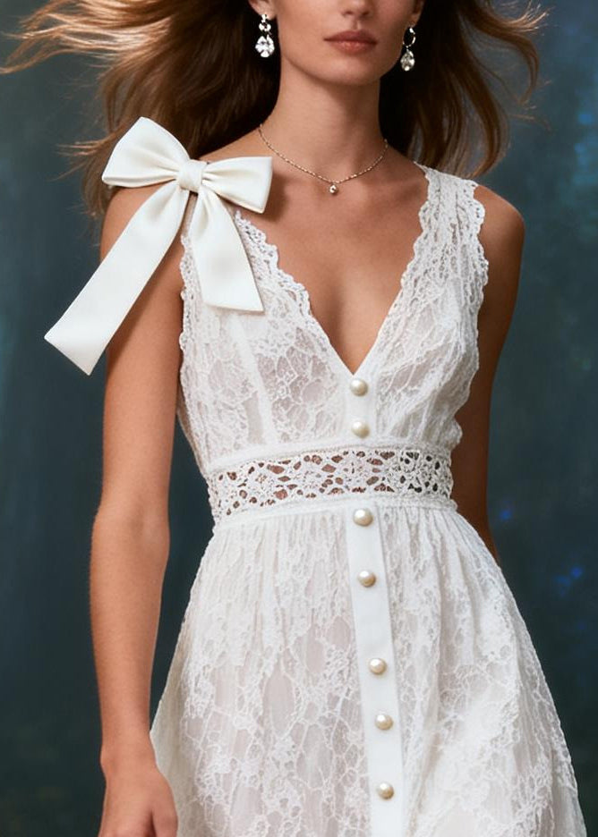 Women White V Neck Patchwork Lace Bow Dress Summer