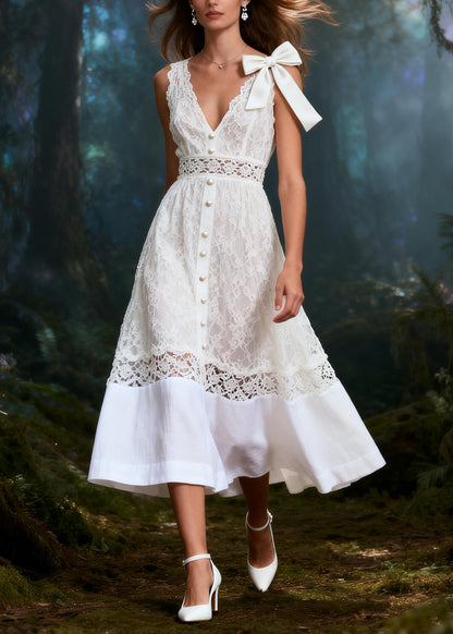 Women White V Neck Patchwork Lace Bow Dress Summer