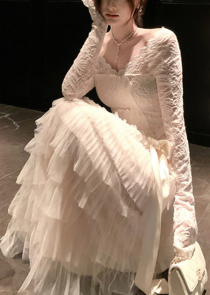 Women White V Neck Patchwork Lace Vacation Dresses Summer