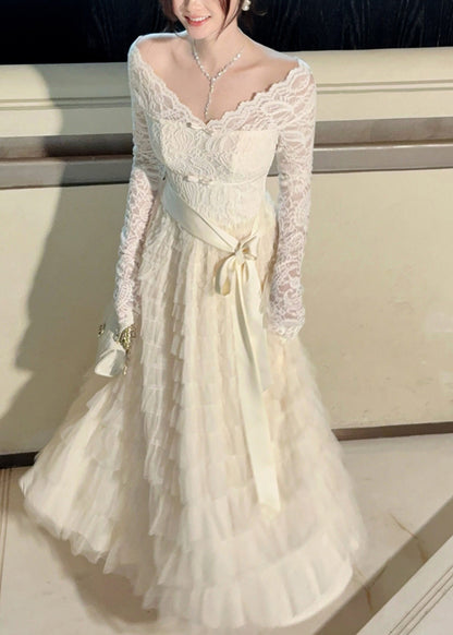 Women White V Neck Patchwork Lace Vacation Dresses Summer