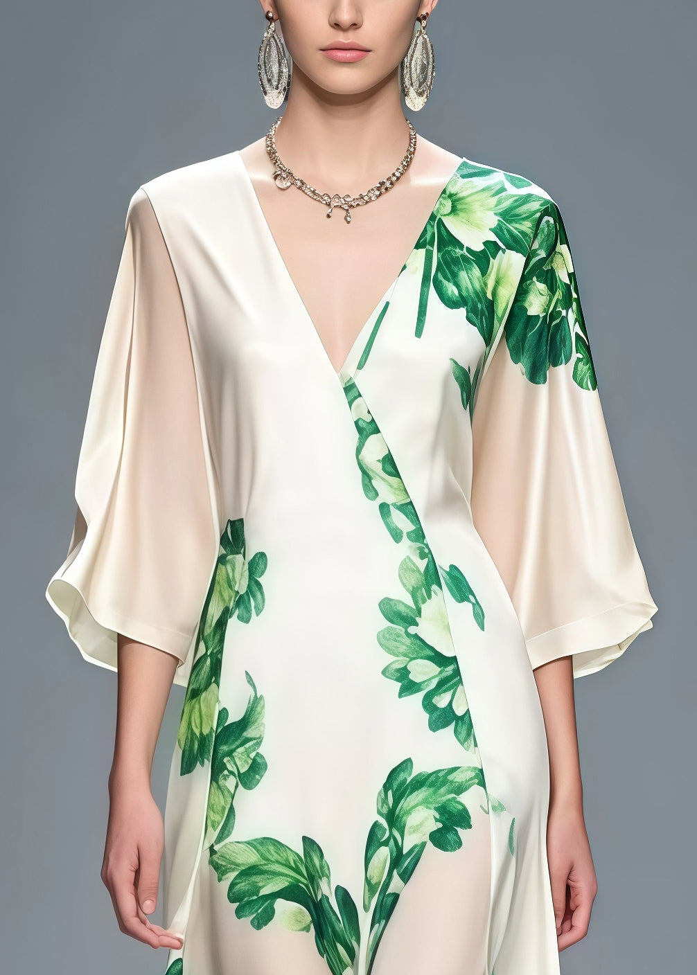 Women White V Neck Print Chiffon Dinner Dress Bracelet Sleeve