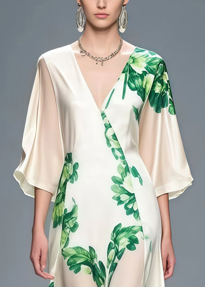 Women White V Neck Print Chiffon Dinner Dress Bracelet Sleeve