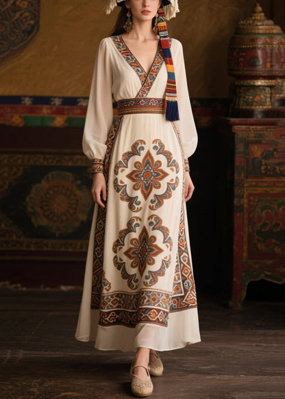 Women White V Neck Print Chiffon Tunic Dresses Fall