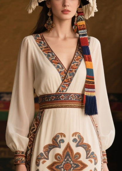 Women White V Neck Print Chiffon Tunic Dresses Fall