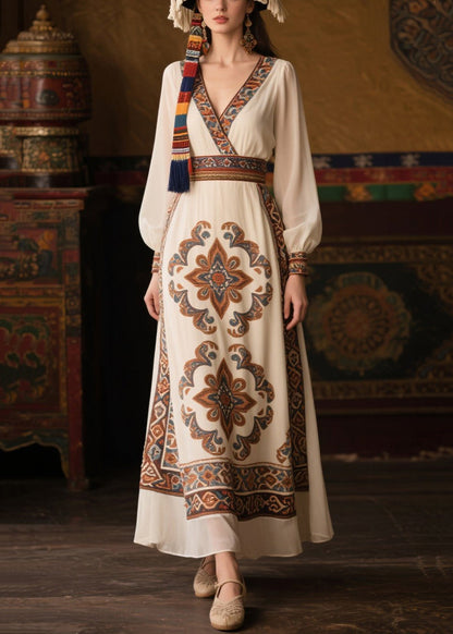 Women White V Neck Print Chiffon Tunic Dresses Fall