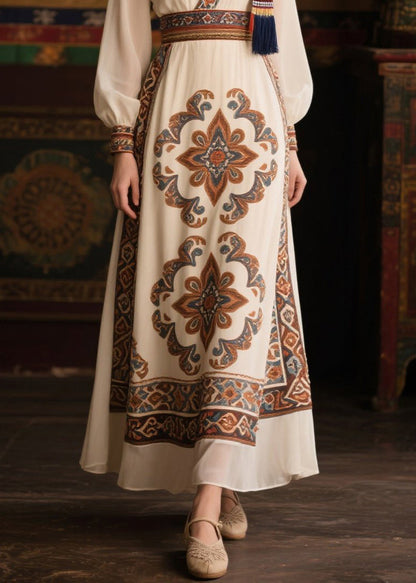 Women White V Neck Print Chiffon Tunic Dresses Fall