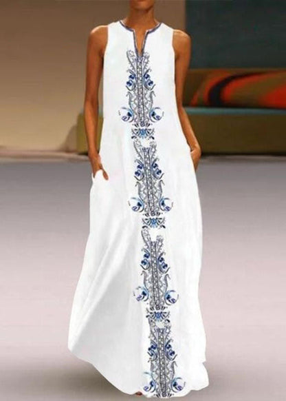 Women White V Neck Print Chiffon Vacation Dresses Summer