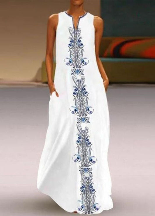 Women White V Neck Print Chiffon Vacation Dresses Summer