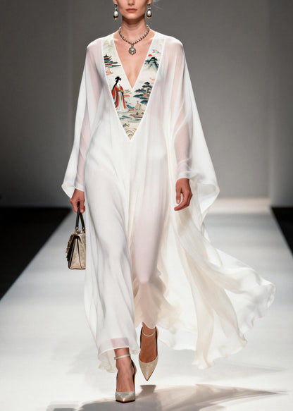Women White V Neck Print Patchwork Chiffon Dresses Spring