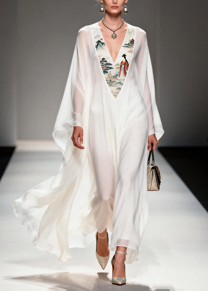 Women White V Neck Print Patchwork Chiffon Dresses Spring