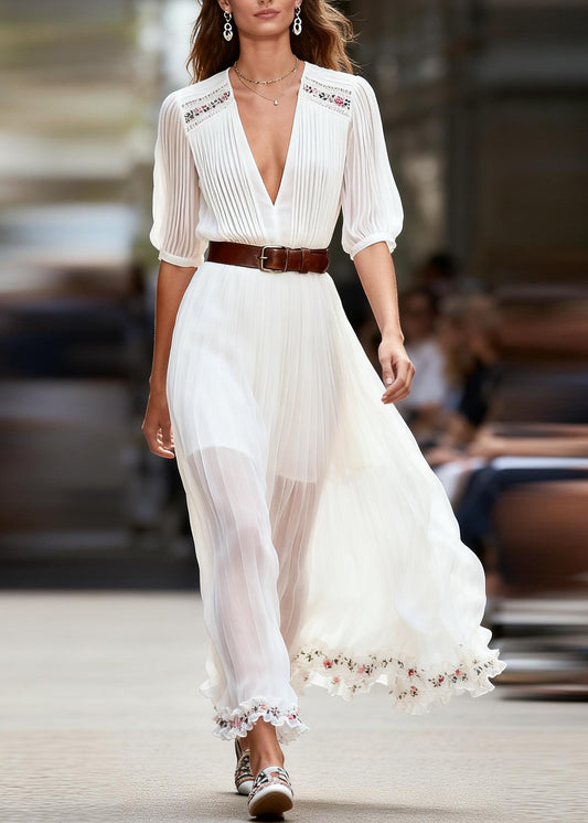Women White V Neck Ruffled Floral Patchwork Chiffon Dress Summer