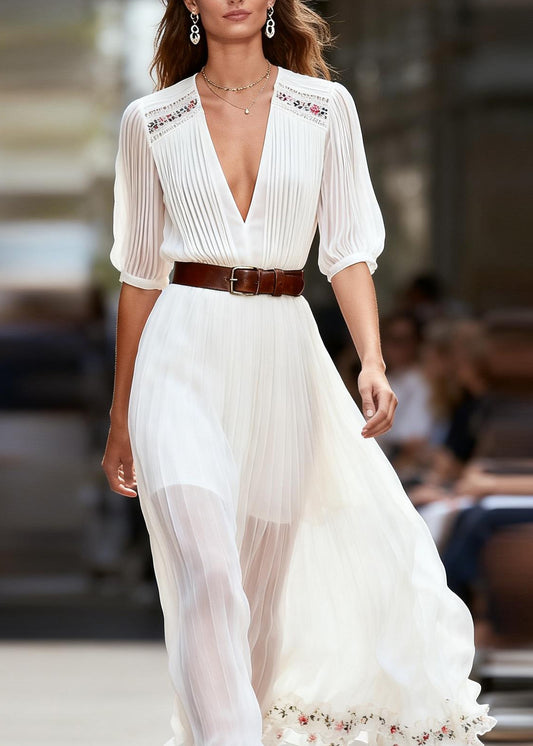 Women White V Neck Ruffled Floral Patchwork Chiffon Dress Summer