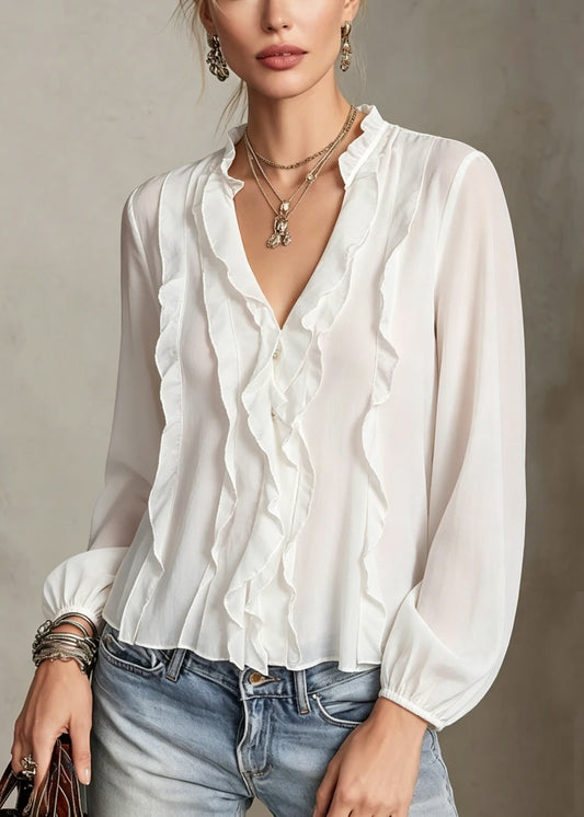 Women White V Neck Ruffled Patchwork Cotton Shirt Tops Long Sleeve