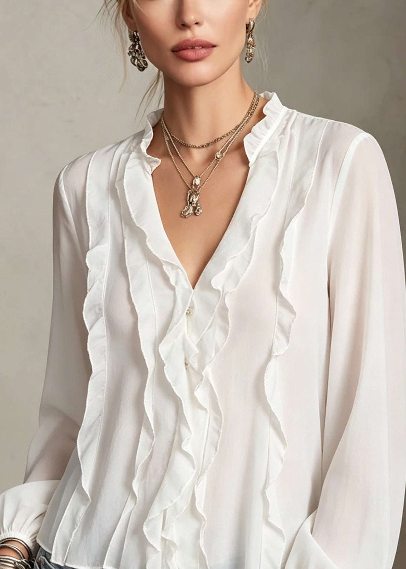 Women White V Neck Ruffled Patchwork Cotton Shirt Tops Long Sleeve