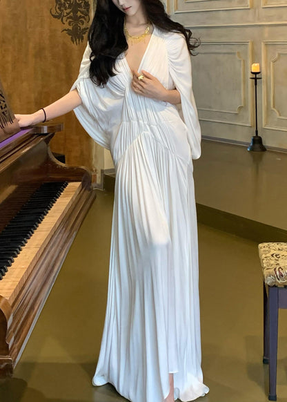 Women White V Neck Wrinkled Solid Dresses Batwing Sleeve