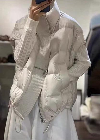 Women White Zip Up Drawstring Fine Cotton Filled Vests Winter