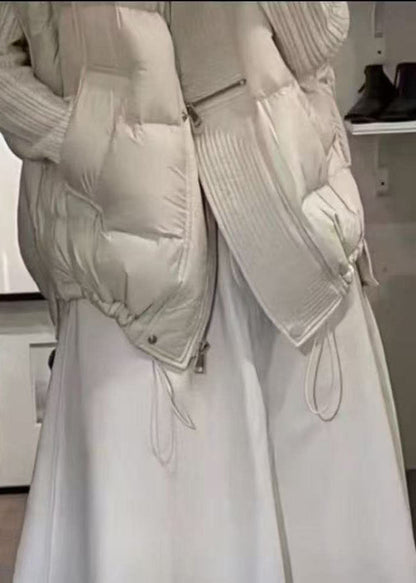 Women White Zip Up Drawstring Fine Cotton Filled Vests Winter