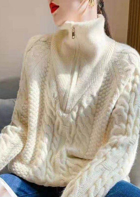 Women White Zip Up Warm Cable Knitted Tops Winter