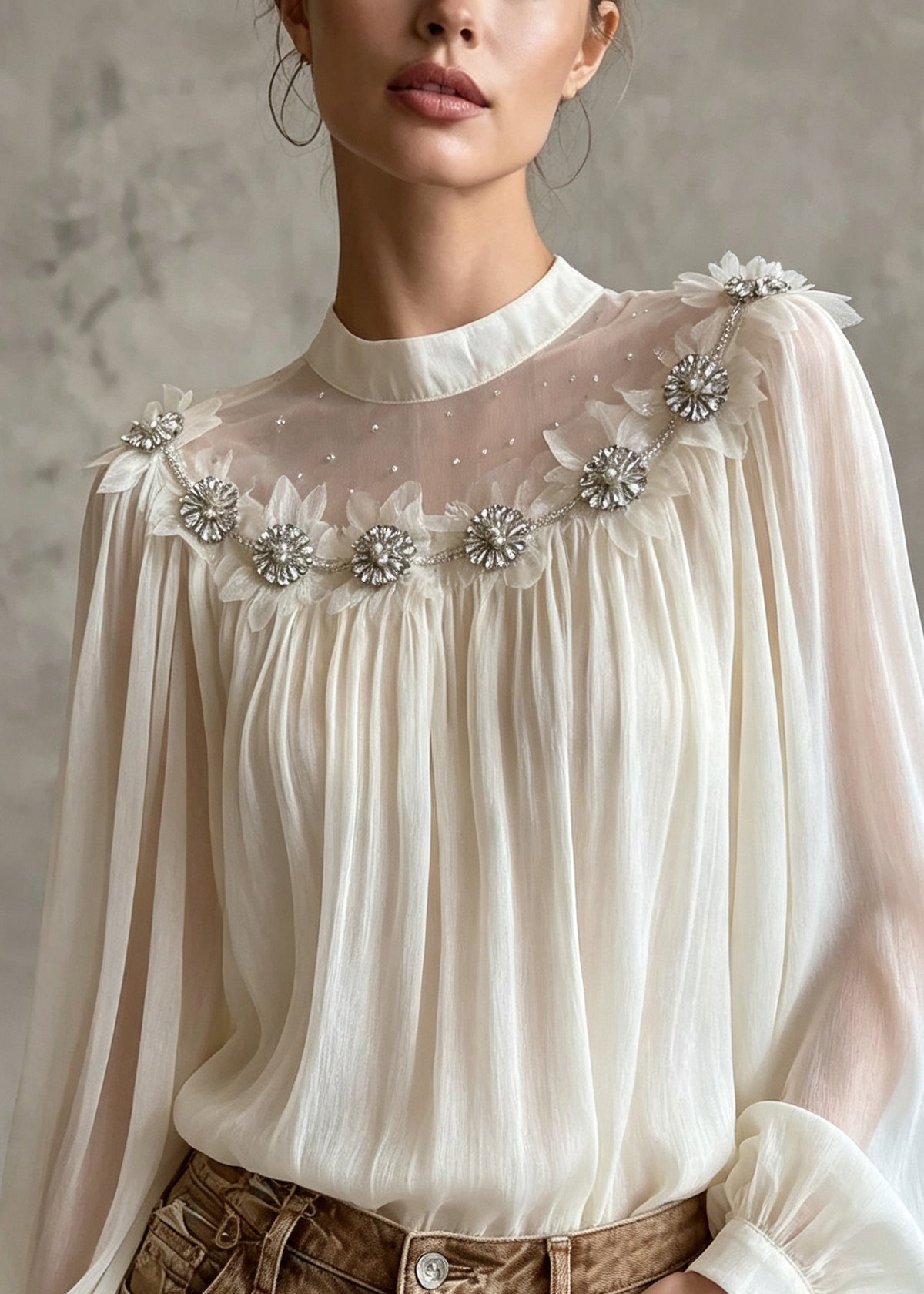 Women White Zircon Patchwork Chiffon Top Lantern Sleeve
