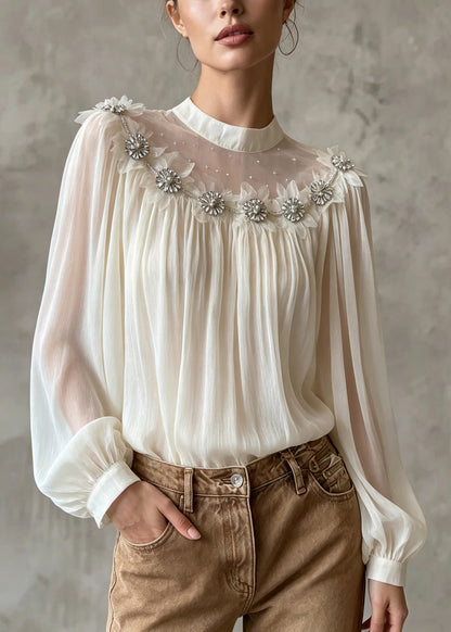 Women White Zircon Patchwork Chiffon Top Lantern Sleeve