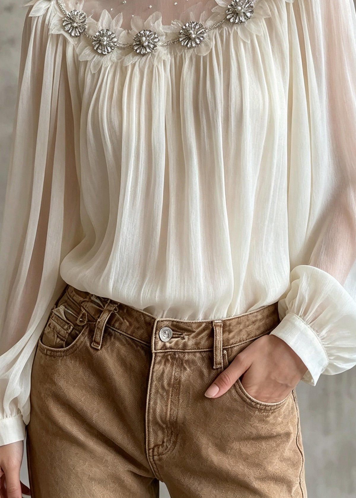 Women White Zircon Patchwork Chiffon Top Lantern Sleeve