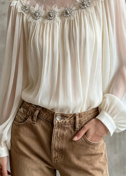 Women White Zircon Patchwork Chiffon Top Lantern Sleeve