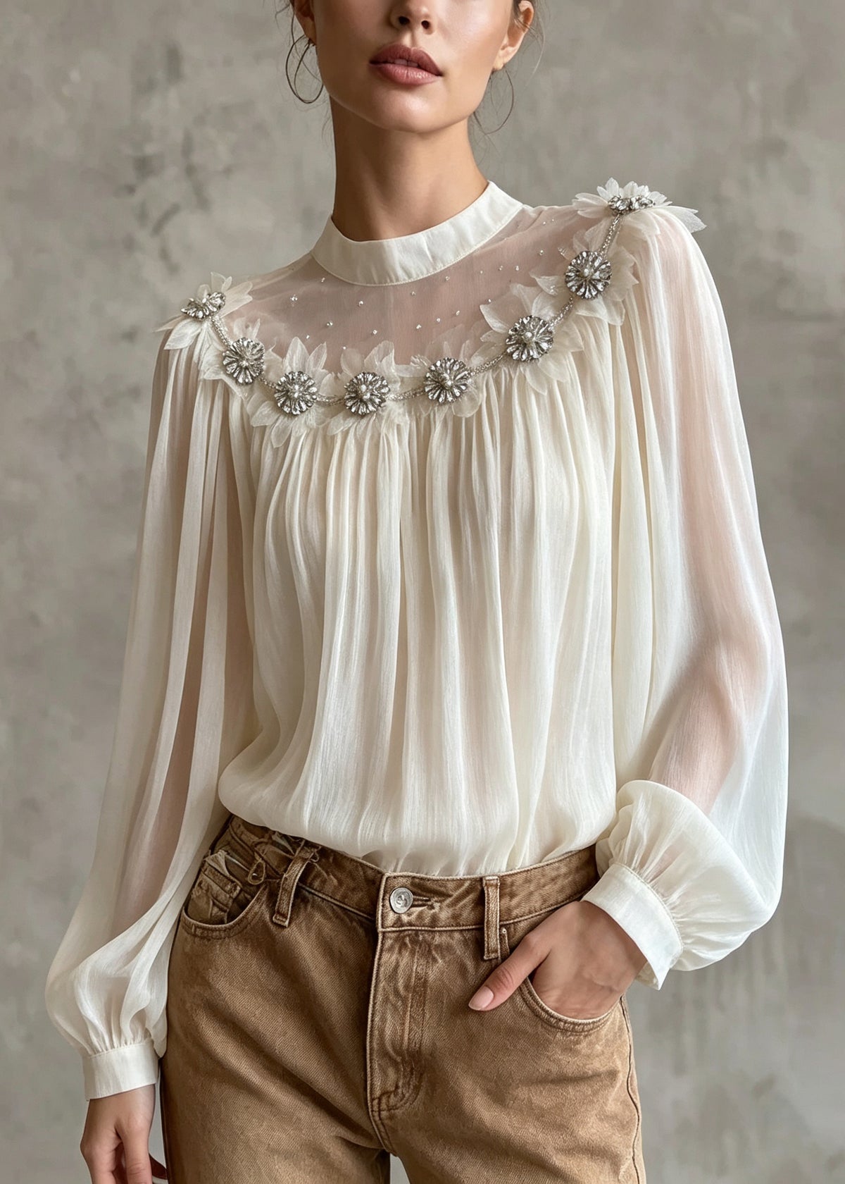 Women White Zircon Patchwork Chiffon Top Lantern Sleeve