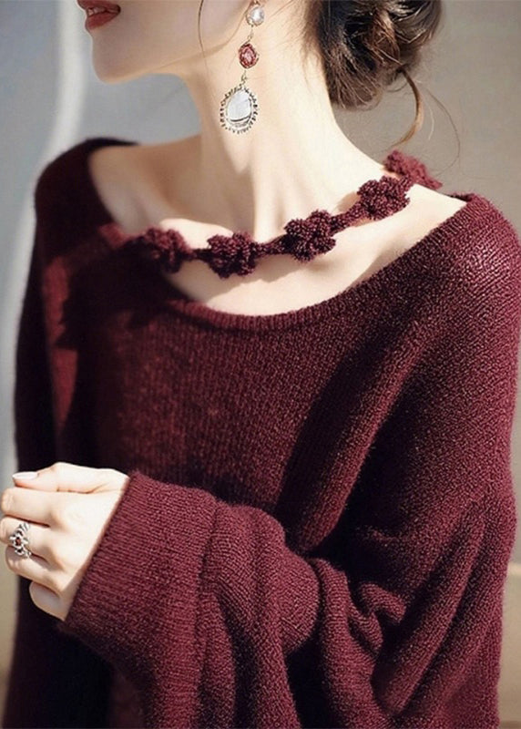Women Wine Red O-Neck Floral Cozy Knit Sweater Fall