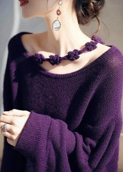 Women Wine Red O-Neck Floral Cozy Knit Sweater Fall