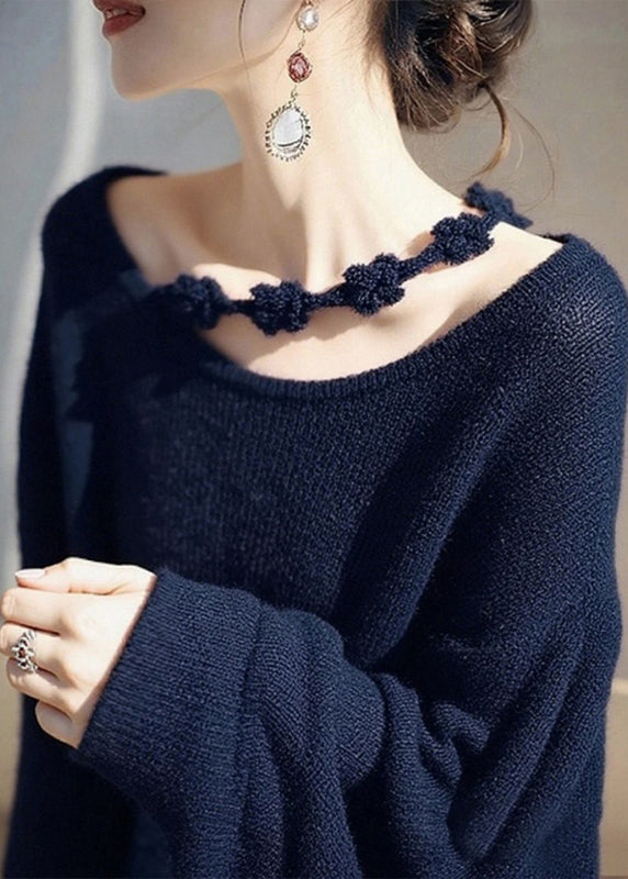 Women Wine Red O-Neck Floral Cozy Knit Sweater Fall