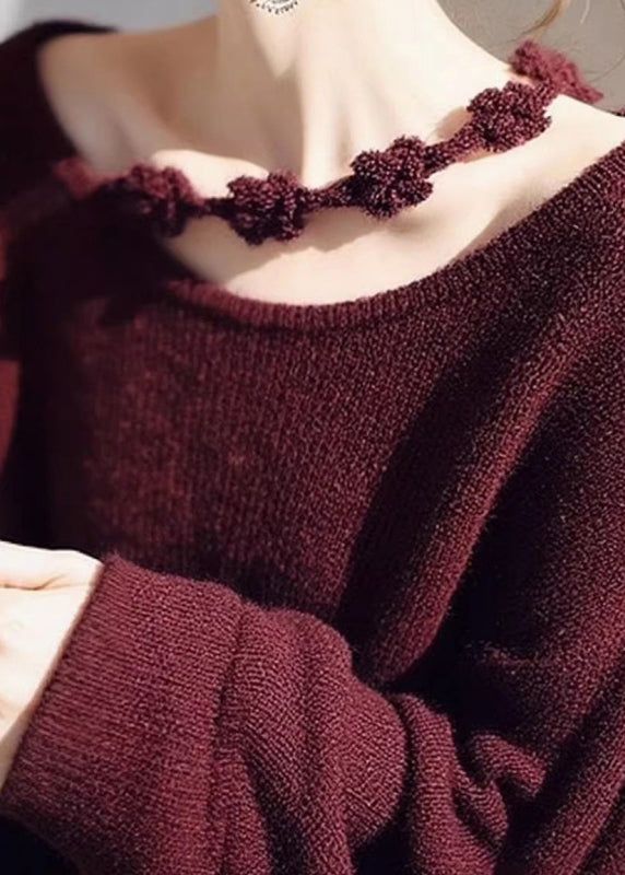 Women Wine Red O-Neck Floral Cozy Knit Sweater Fall