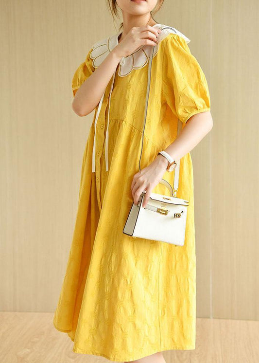 Women Yellow Button Patchwork Summer Cotton Short Sleeve Dress - SooLinen