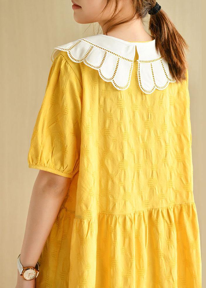 Women Yellow Button Patchwork Summer Cotton Short Sleeve Dress - SooLinen