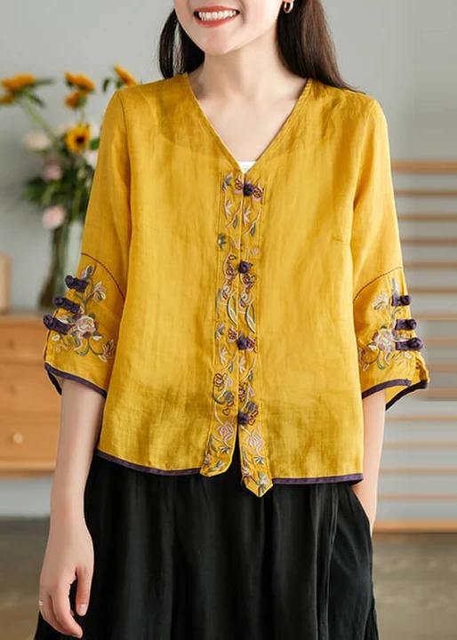 Women Green beads Casual Ramie Cardigan Embroidered Shirt