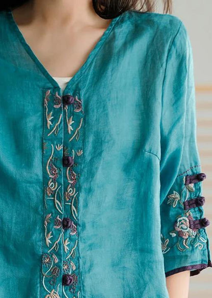 Women Green beads Casual Ramie Cardigan Embroidered Shirt